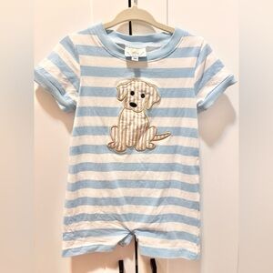 Striped Blue & White Baby Romper with Puppy Applique